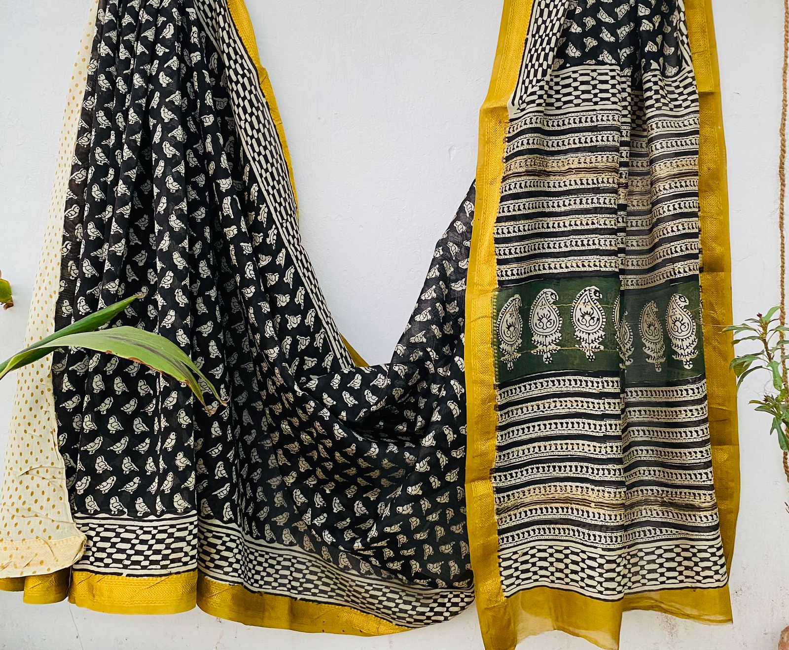 Maheshwari silk saree wholesale, hand block printed black mustard, pure silk saree by Fabtexs